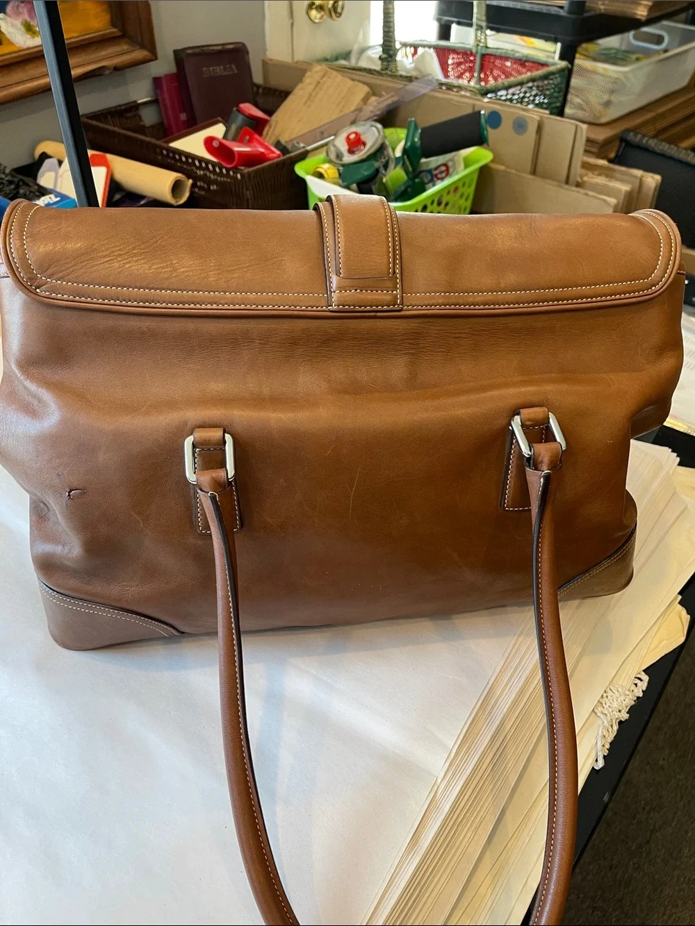 Coach LG Burnished Caramel Tan Leather Soho Buckle Flap Tote Bag Purse Satchel
